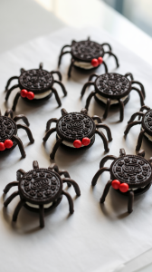 8 Oreo cookies transformed into mini spiders. Each cookie has short, black licorice strips pressed into the cream filling as legs. 2 vibrant red hot candies are placed for eyes