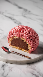 Brain shaped rice crispy treat on a white marble surface. The treat is frosted with a pink buttercream, mimicking the appearance of brain tissue and revealing a rich dark chocolate mousse