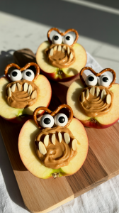 Cut a wedge out of apple quarters and fill the center with peanut butter. Add slivered almonds for teeth and pretzel stick eyes with candy eyeballs