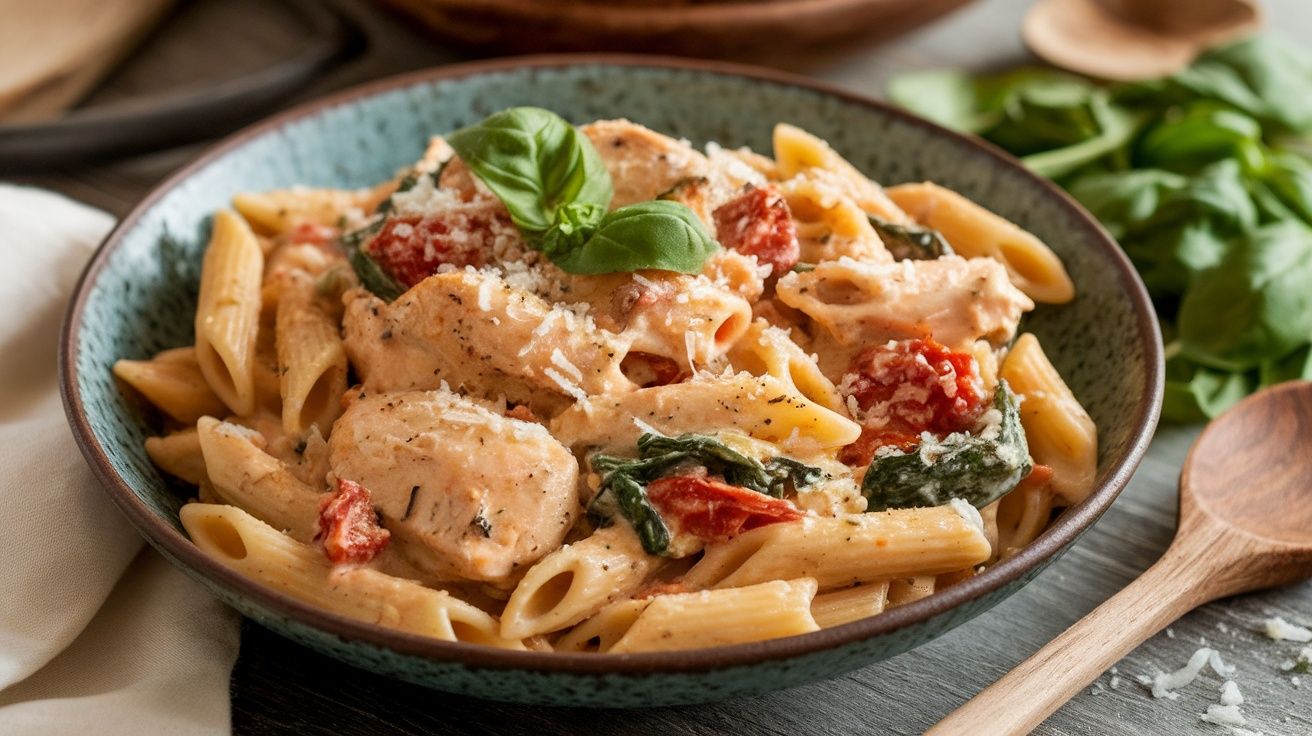 an bowl of delicious penne pasta and chicken in a creamy Tuscan sauce