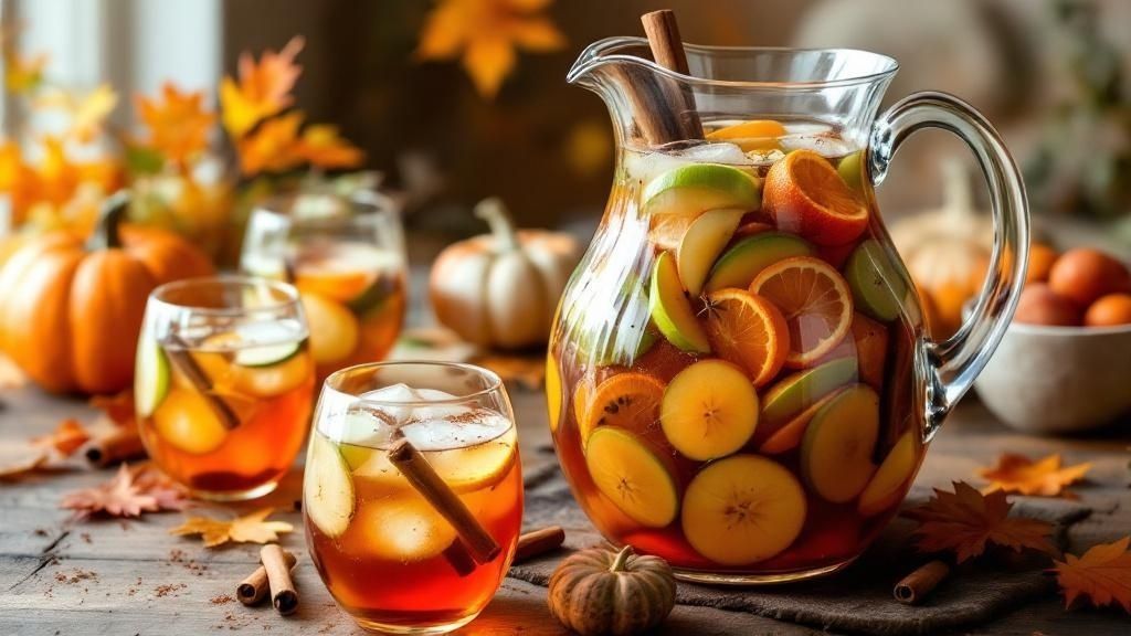 a festive pitcher and glass of fall-scented sangria