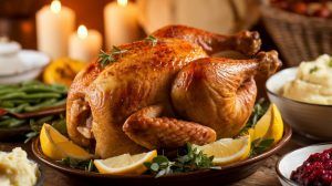 a whole roast chicken on a holiday platter with lemon wedges