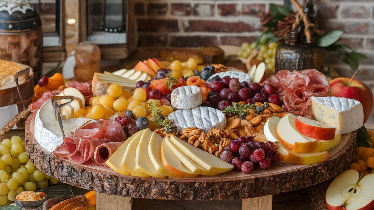 a collection of meats and cheeses on a festive holiday table