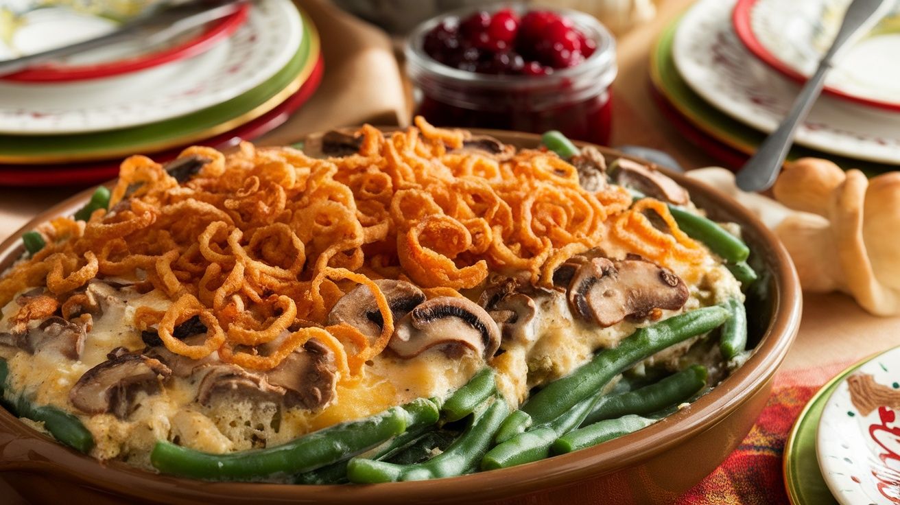 a ceramic bowl of classic green bean casserole with fried onions