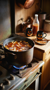 Simmering apple cider in a caludron on the stove with Halloween mugs on the counter