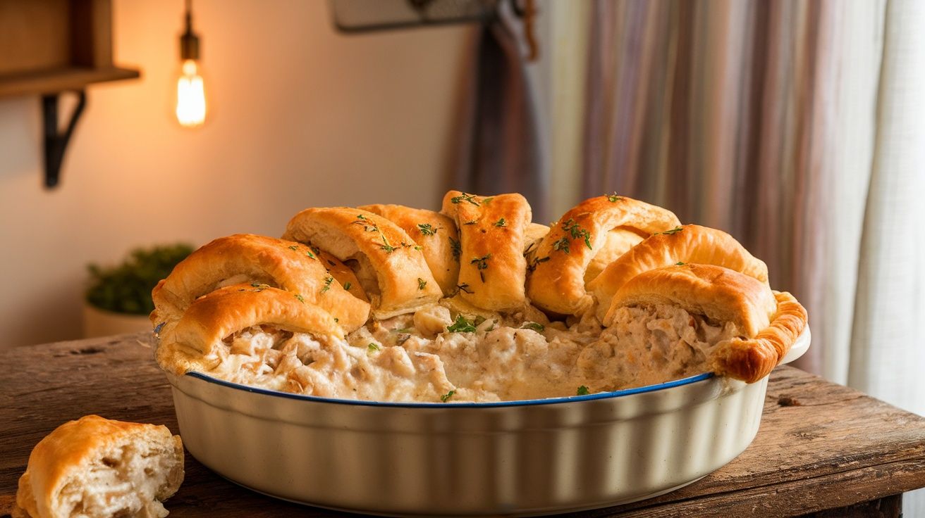a fluted pie pan with steaming hot chicken pot pie with a crescent roll topping partially removed