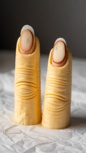 Slice string cheese in half and use a knife to add knuckle lines. Attach slivered almonds to the tip with cream cheese to resemble fingernails.