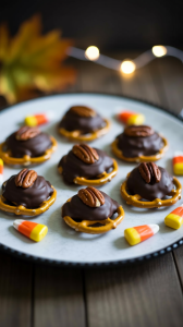 Top pretzels chocolate and warm them slightly. Press a pecan in the center. places a dozen on a Halloween-themed platter