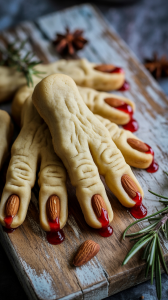 Witch Finger Cookies Shape sugar cookie dough into finger-like logs, adding almond slivers for nails