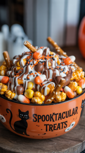a Halloween-themed ceramic bowl overflowing with a vibrant party snack mix