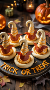 a Halloween-themed platter filled with whimsical witch hats crafted from store-bought crescent dough