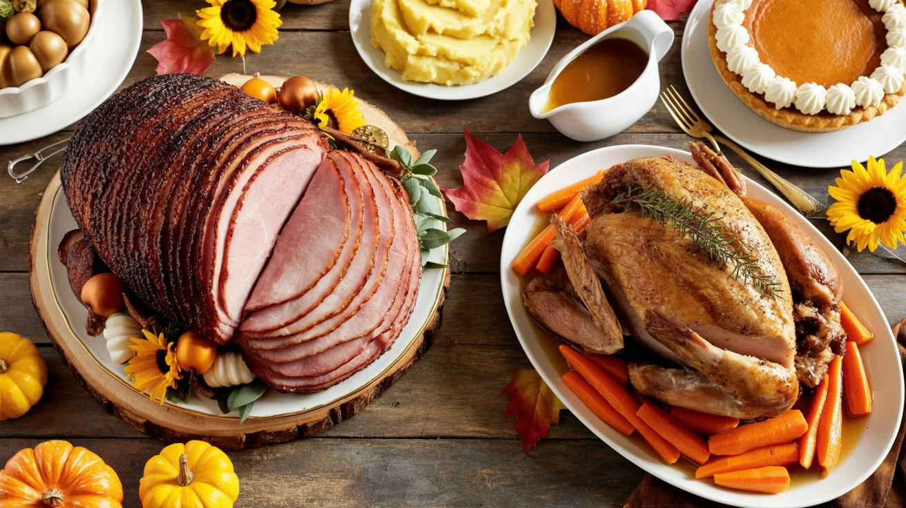 a bountiful Thanksgiving feast presented on a rustic, aged wooden table