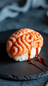 brain is formed from seasoned sushi rice pressed into a silicone mold, covered in delicate slices of smoked salmon that mimic the convolutions of a human brain