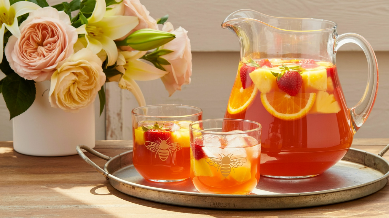 a charming fruit and white wine sangria setup arranged on a weathered rustic wooden table