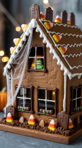 a charming traditional gingerbread house, reimagined with a spooky Halloween twist