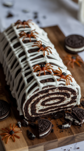 a chilled Oreo spiderweb log cake, sliced open to reveal a creamy interior