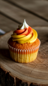 cupcake features distinct, vibrant layers of batter in yellow, orange, and white, carefully mimicking the appearance of candy corn