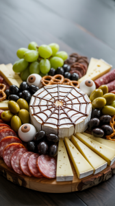 a large wheel of Brie cheese drizzled with a balsamic glaze spiderweb design, surrounded by slices of salami, green and black olives, and cheeses