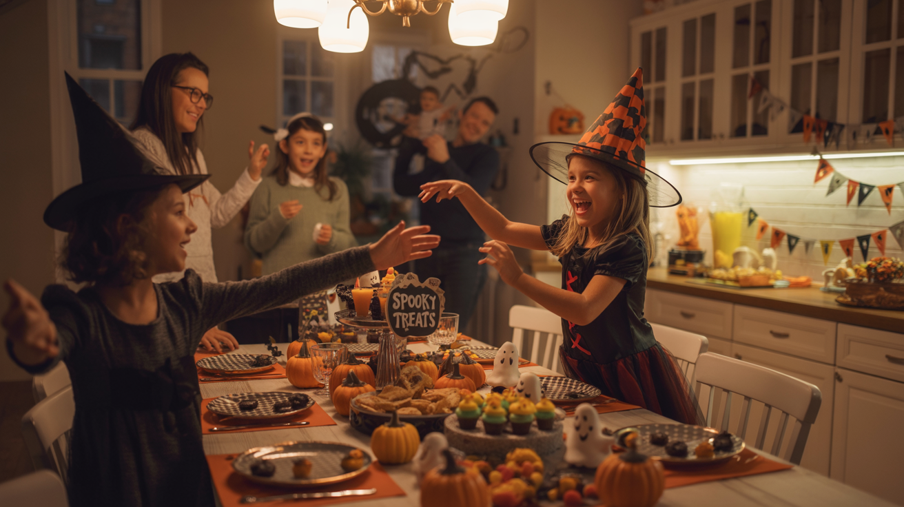 a lively Halloween party in a cozy, warmly lit living room, with children and adults mingling and enjoying the festivities