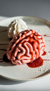 a perfectly formed strawberry cheesecake molded into the shape of a human brain, presented on a stark white porcelain plate