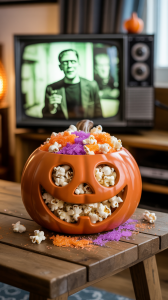 a pumpkin-shaped bowl of Kettle Corn with orange and purple sugar sprinkled on the popcorn