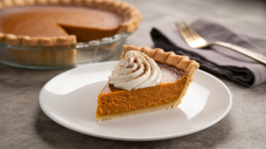a single, perfectly sliced classic pumpkin pie resting on a pristine white ceramic plate