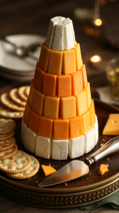 a towering cone constructed from stacked layers of white goat cheese, vibrant orange cheddar, and sunny yellow Monterey Jack, resembling a giant candy corn