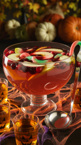 a vibrant Halloween-themed punch bowl filled with a swirling concoction of apple cider, cranberry juice, and ginger ale, featuring floating apple slices and playful gummy worms