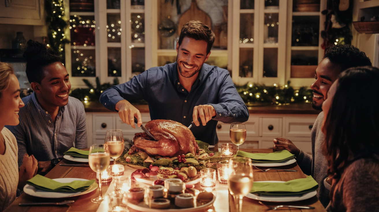 a bountiful Thanksgiving feast presented on a rustic, aged wooden table