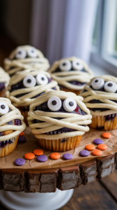 adorable blueberry muffins transformed into mummies on a rustic wooden platter