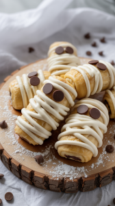 bananas and Nutella in crescent roll dough, with white icing to mimic mummy wrapping and 2 large chocolate chips for eyes