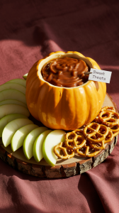 caramel toffee dip inside a ceramic lidless pumpkin on a Halloween-themed platter with sliced apples with the seeds removed and pretzels