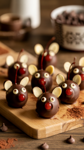 chocolate mice on a wooden cutting board. Each mouse is made from a maraschino cherry, coated in dark chocolate bark with a single chocolate chip for the nose and two almond slices forming ears