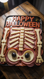 cold cuts and cheese sticks into a skeleton shape on a large halloween-themed platter
