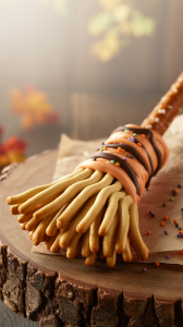 a freshly baked "Halloween Treat" cookie dough pretzel rod resting on a rustic wooden surface. The cookie dough has been carefully wrapped around one end of the pretzel rod and scored to resemble broom bristles