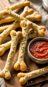 freshly baked bone-shaped breadsticks generously sprinkled with garlic flakes and grated Parmesan cheese, arranged on a rustic wooden cutting board