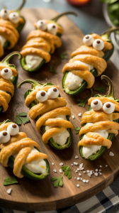 freshly baked jalapeño poppers on a wooden platter. Each pepper is stuffed with cream cheese, wrapped in strips of flaky crescent roll dough, and adorned with two large candy eyes
