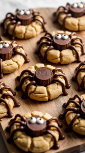freshly baked peanut butter cookies arranged on a rustic wooden cutting board. Each warm cookie has a Hershey's chocolate candy gently pressed into its center