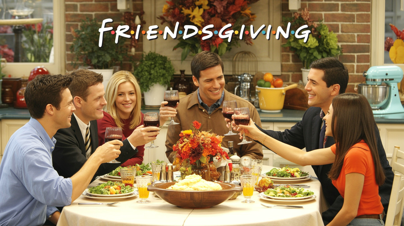 friends gathered around a warmly lit dining table for a Friendsgiving celebration