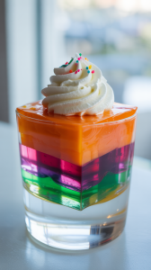 large cube of layered gelatin, showcasing vibrant orange, purple, and green layers, suspended in a tall, clear glass