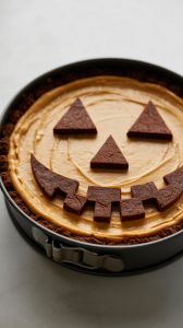 no-bake pumpkin cheesecake pie. The pie has a browned chocolate cookie crust, topped with a pumpkin cheesecake filling. A jack-o’-lantern face is crafted on top using brownie pieces
