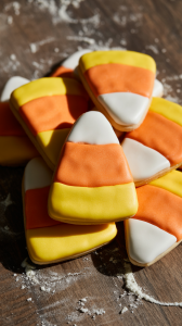 pile of candy corn-shaped sugar cookies on a rustic wooden surface