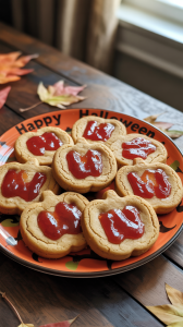 pumpkin-shaped cookies arranged artfully on a "Happy Halloween" platter