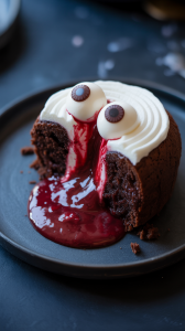 rich chocolate cake hides a raspberry center. Topped with white frosting and candy eyes