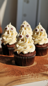 rich chocolate cupcakes arranged artfully on a rustic wooden cutting board. Each cupcake is topped with tall, flowing swirls of vanilla frosting, carefully piped to resemble playful ghost shapes