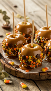 several caramel apples coated in a swirl of golden caramel, resting on a rustic wooden platter