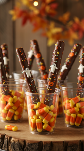 several clear plastic Halloween cups filled with vibrant orange and yellow candy corn, each adorned with a single pretzel rod standing upright in the cente