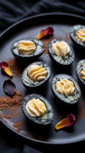 several halved hard-boiled eggs arranged artfully on a black Halloween-themed platter