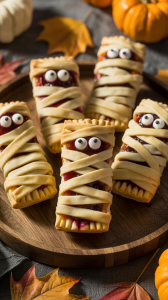 several mini fruit hand pies transformed into charming mummies, arranged artfully on a dark wood Halloween platter