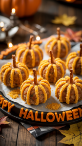 several mini pumpkin-shaped meatballs arranged artfully on a festive Halloween platter